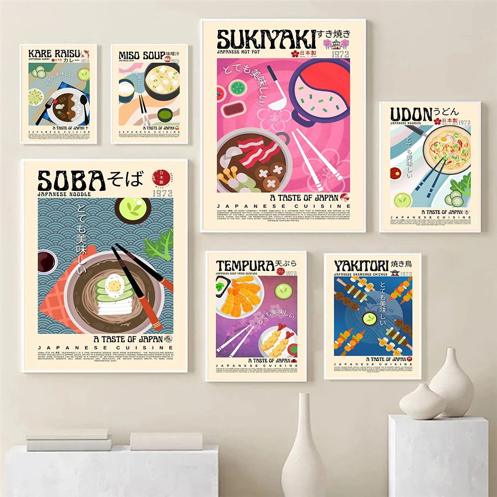 Sukiyaki Udon Tempura Soba Yakitori Poster Retro Cibo Giapponese Wall Art Immagini Giappone Cucina Moderna Cucina Asiatica Decor Stampe