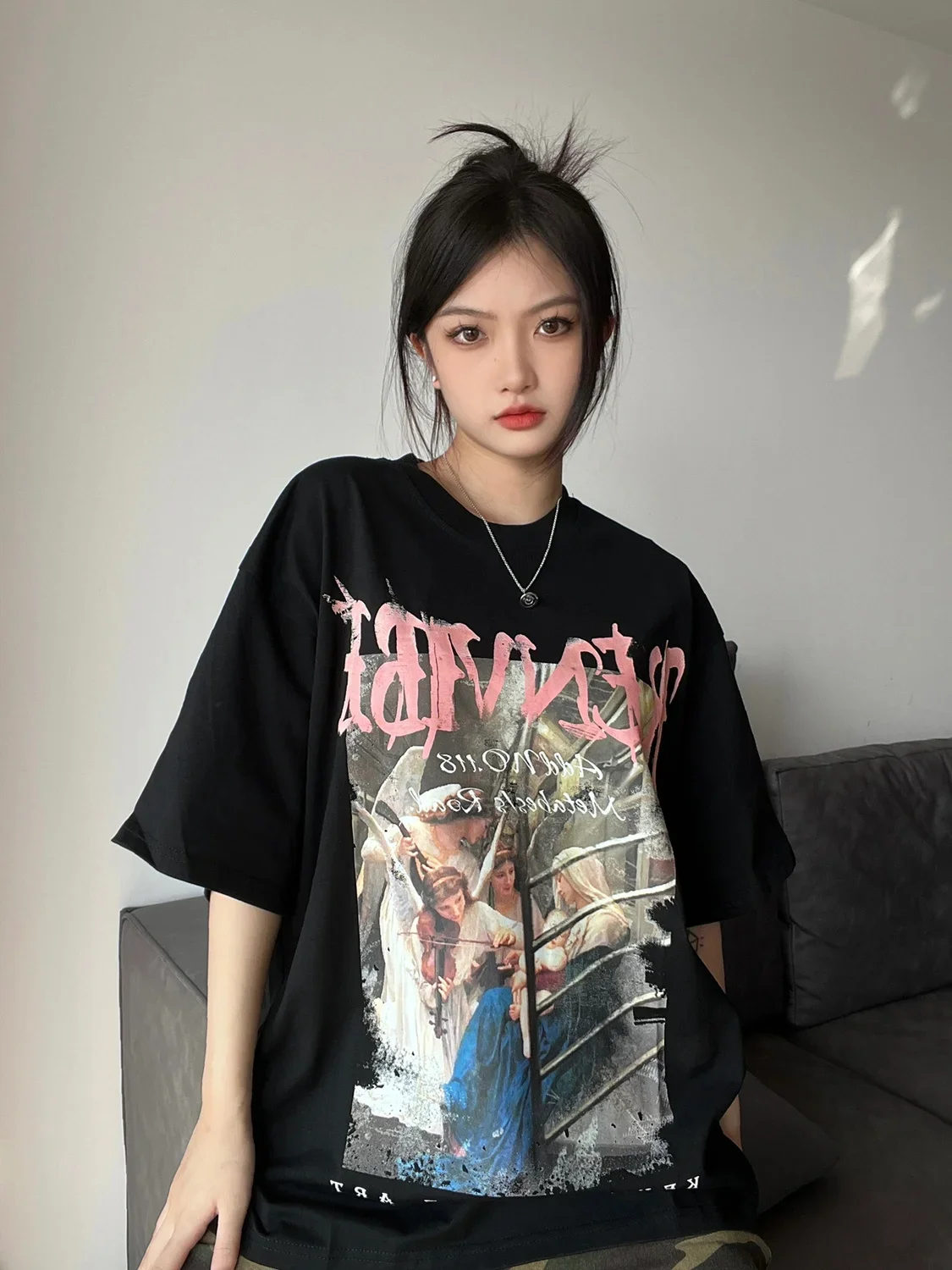 

American retro national tide high street white cotton short-sleeved t-shirt women's loose summer niche design oversized t shirt