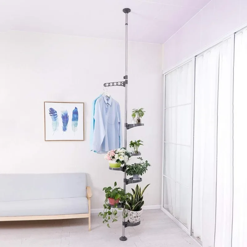 7-Tier Indoor Plant Pole Spring Tension Rod Expandable Flower Pots Display Rack Stand Hanger Metal Corner Storage Shelf, 3