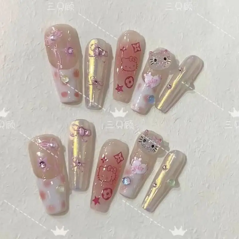

Kawaii Hello Kitty ношение ногтей ручной работы допамин средней длины красота ногтей фототерапия патч для ногтей женские декоративные аксессуары