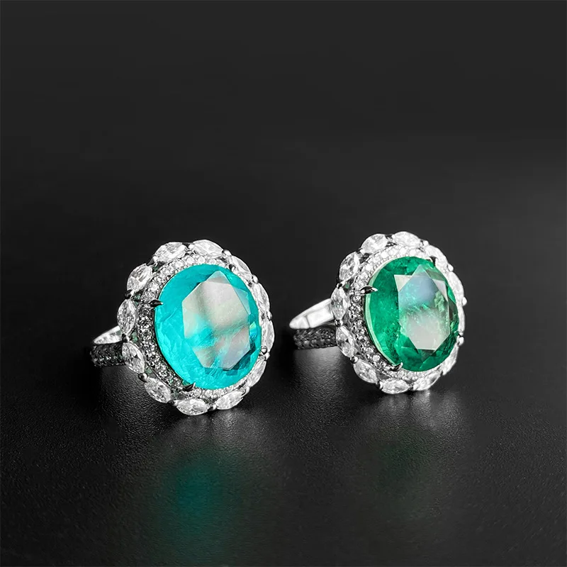 

S925 All over silver Tiktok hot sale Muzo green grandmother green palaiba full diamond women's ring stone 12 * 14