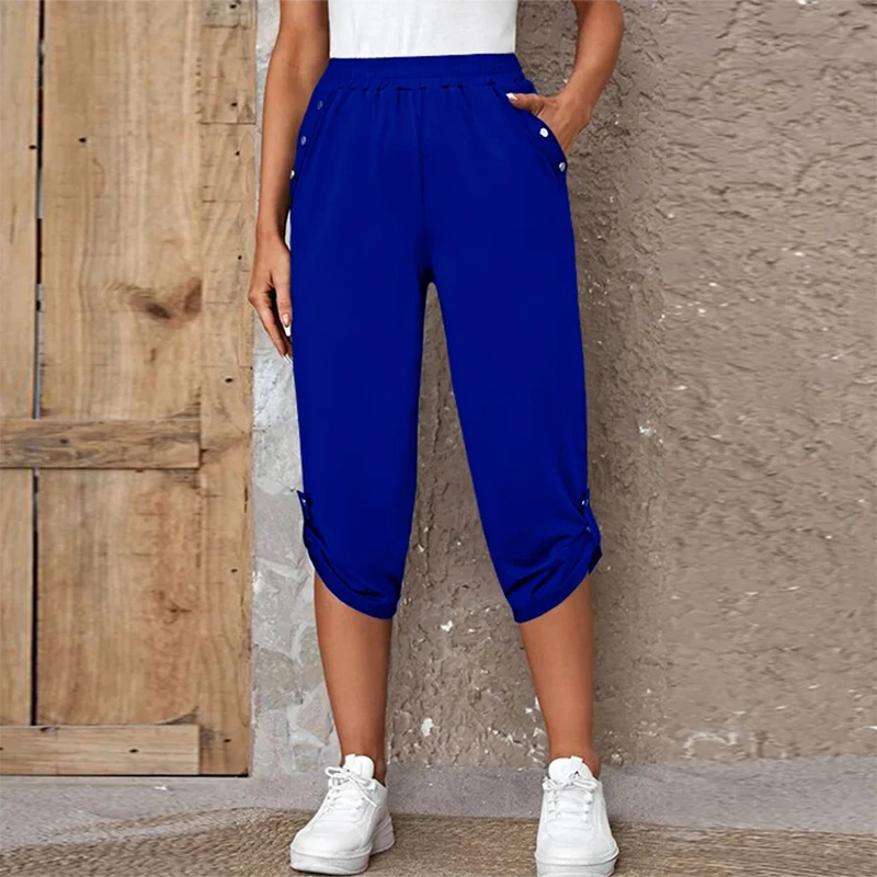 Summer New Elastic High Waist Solid Color Pants Ladies Casual Fashion All-match Trousers Women Comfortable Sporty Loose Shorts