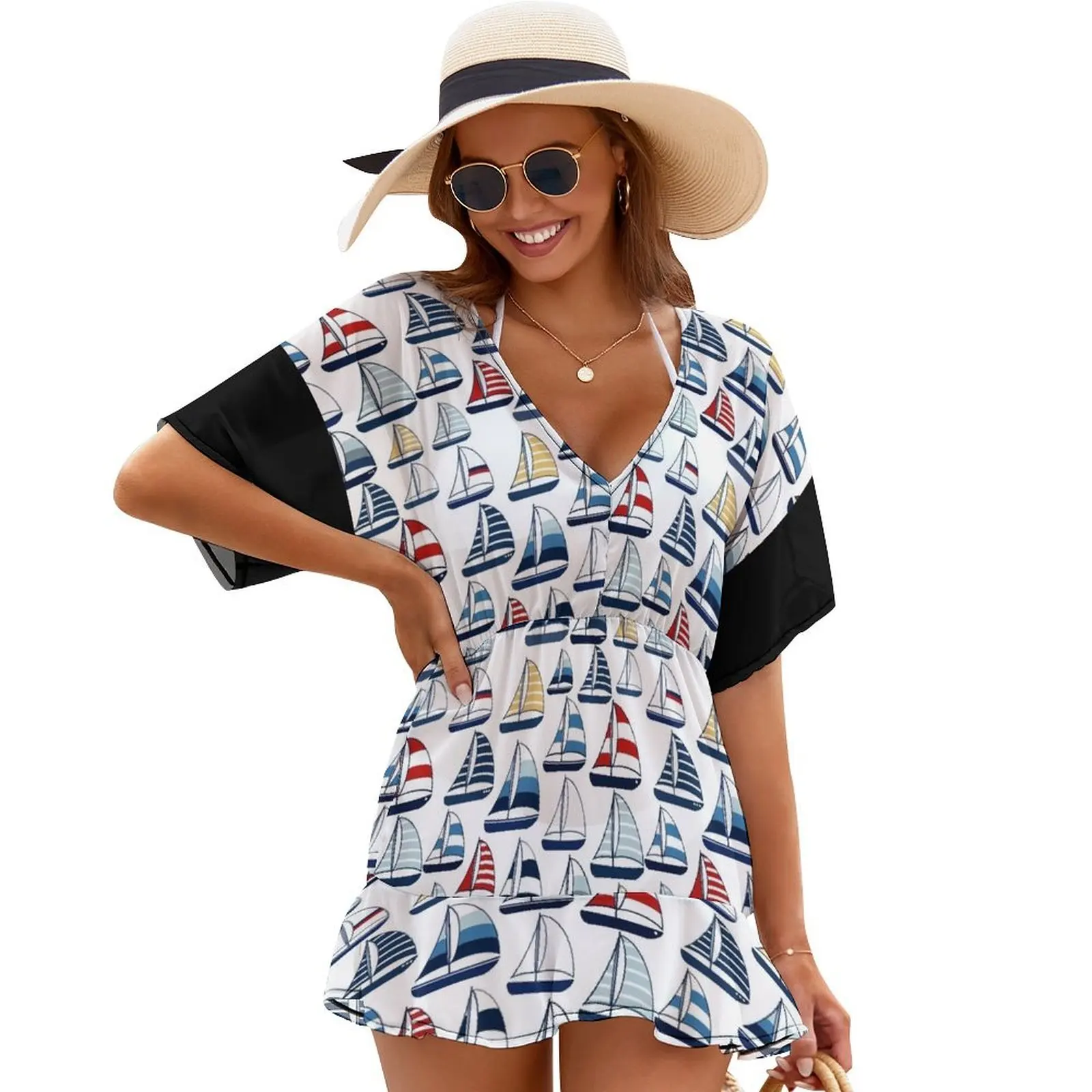 

Blue, Red, Yellow Sailboat Pattern Cover Ups Women dresses summer luxury evening dress woman for wedding dresses summer