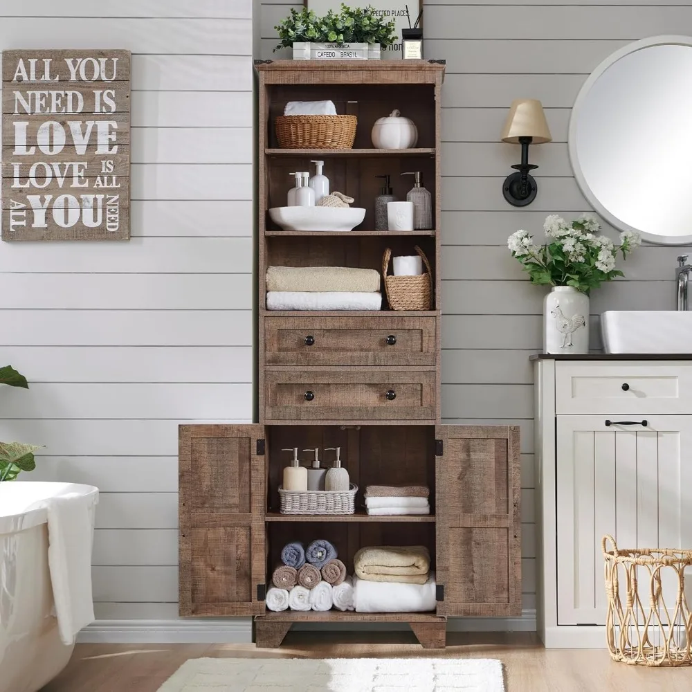 Farmhouse Bathroom Cabinet, 72" Tall Bathroom Storage Cabinet with 2 Drawers, Adjustable Shelves & Barn Door