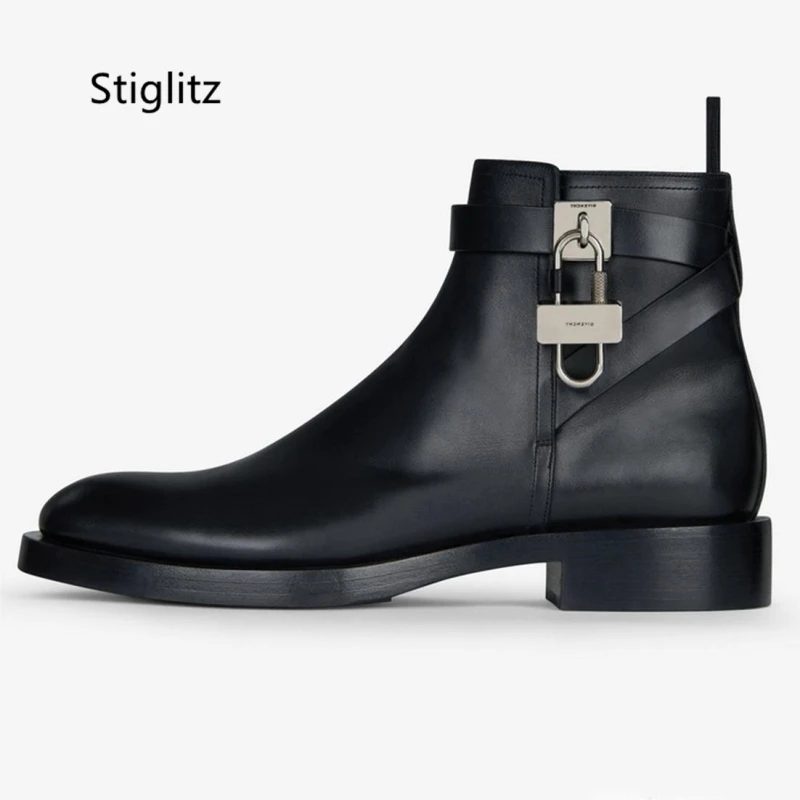 

Metal Lock Men's Boots British Style Dress Genuine Leather Ankle Boots Black Strap Decor Zip Chelsea Boots Business Shoes Male