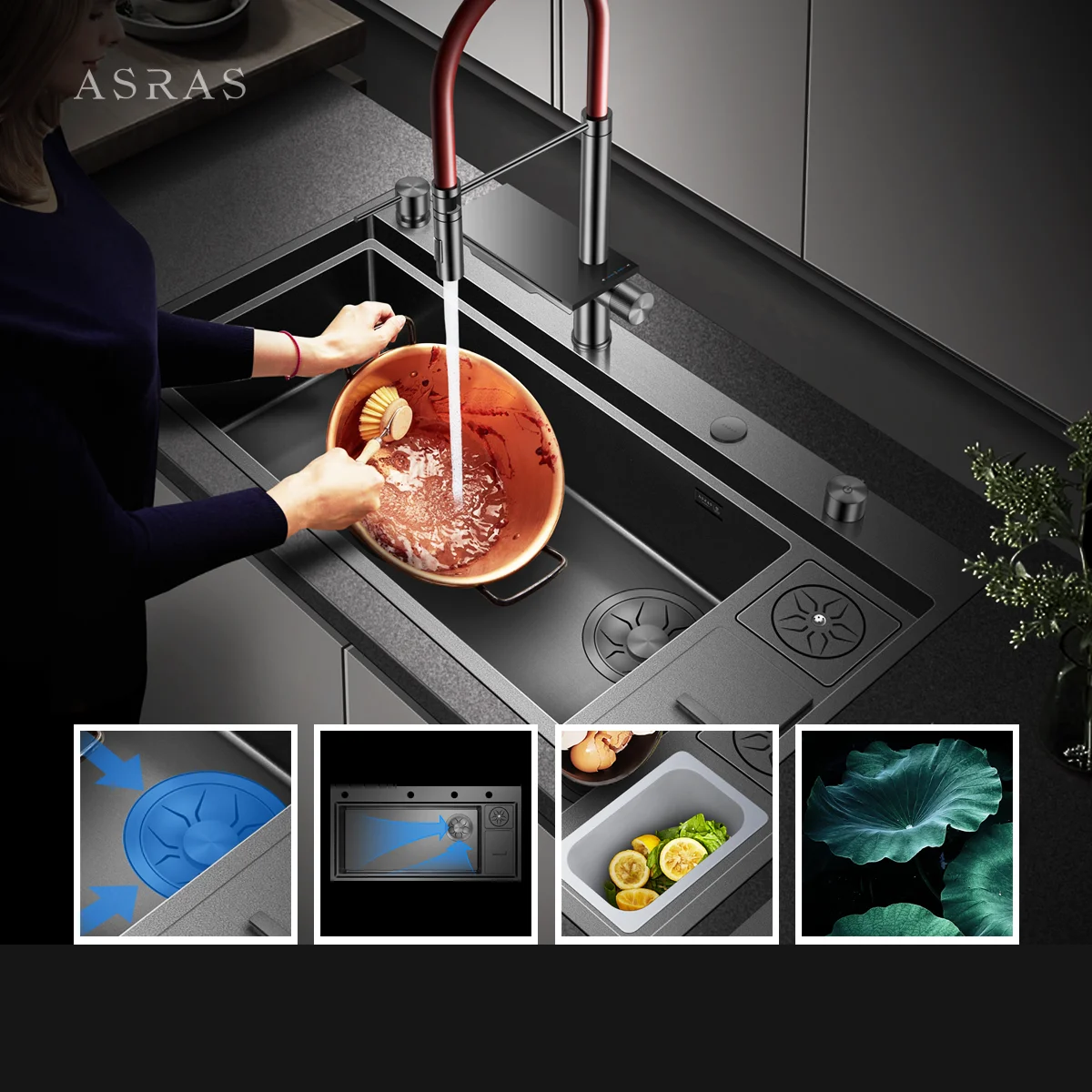 ASRAS high-quality kitchen 304 stainless steel sink, waterfall multifunctional sink faucet, fashionable nano gray sink