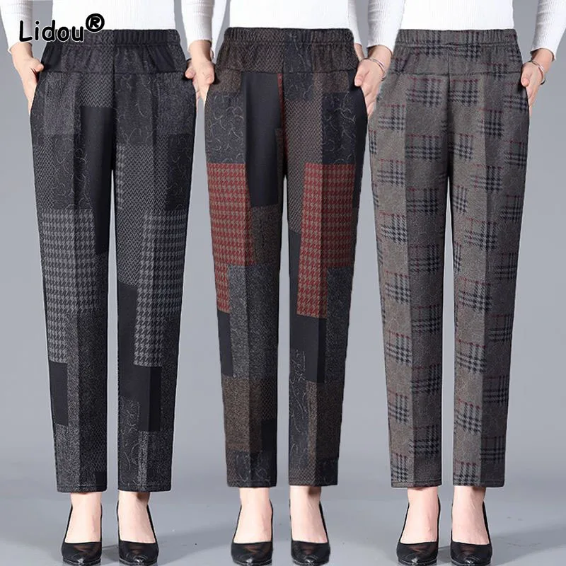 Women's Trousers for the Middle-aged and Elderly Deep Colour Patchwork Vintage Elastic Waist Ankle-length Pant Spring Summer korean fashion wide leg jeans women high waist denim pants elegant design baggy trousers mother spring ankle length vaqueros