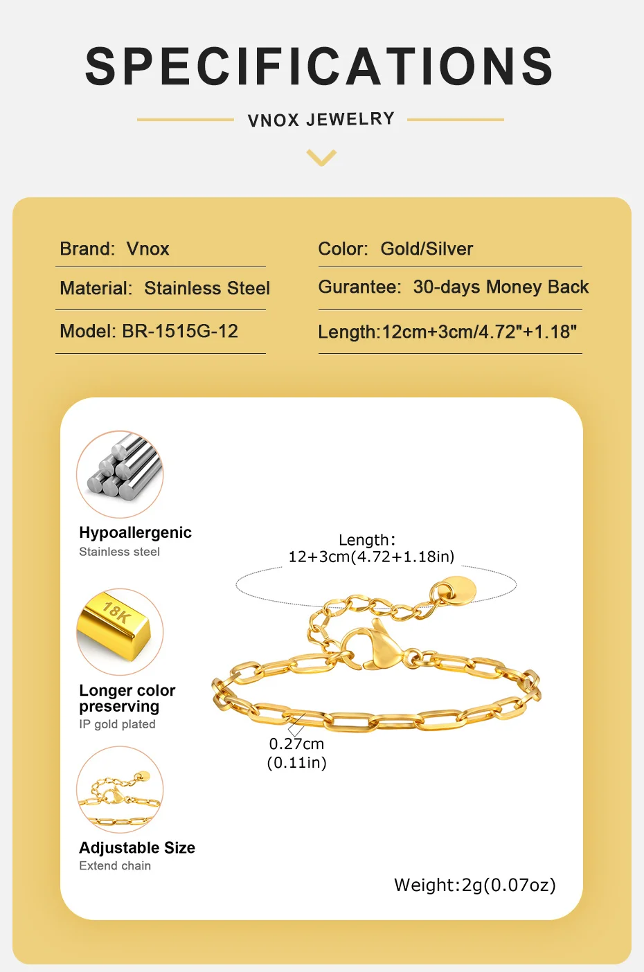 Vnox Einfaches Alltagsarmband für Babymädchen, Goldfarben, verstellbar, Edelstahl, nicht allergisch, Armbänder, Baby-Geburtstagsgeschenk – Detail 1