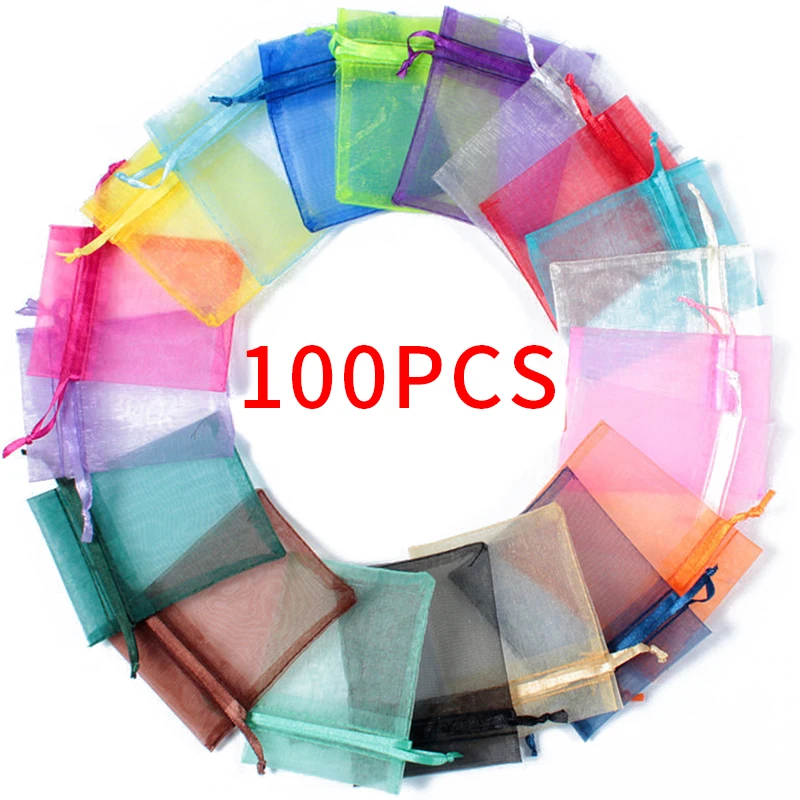 100pcs Drawstring  Jewelry Bag Pouch Organza Jewelry Packaging Bags Wedding Party Decoration Drawable Storage Bags Gift Pouches 100pcs 30x40cm big sheer organza solid color gift bags for jewelry packing wedding party decoration