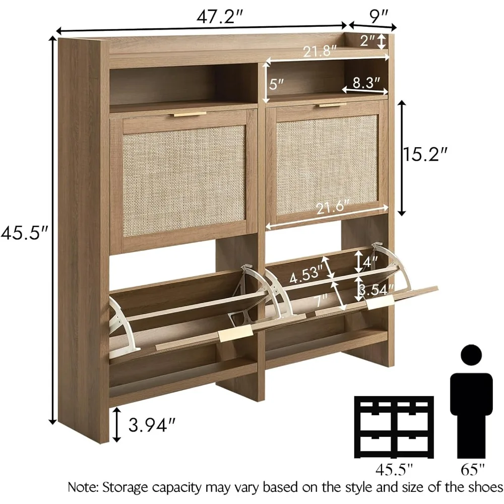 Large Rattan Shoe Storage Cabinet with 4 Flip Drawers & 2 Open Storages – Hidden Slim Shoe Organizer for Entryway, Large Tableto 2