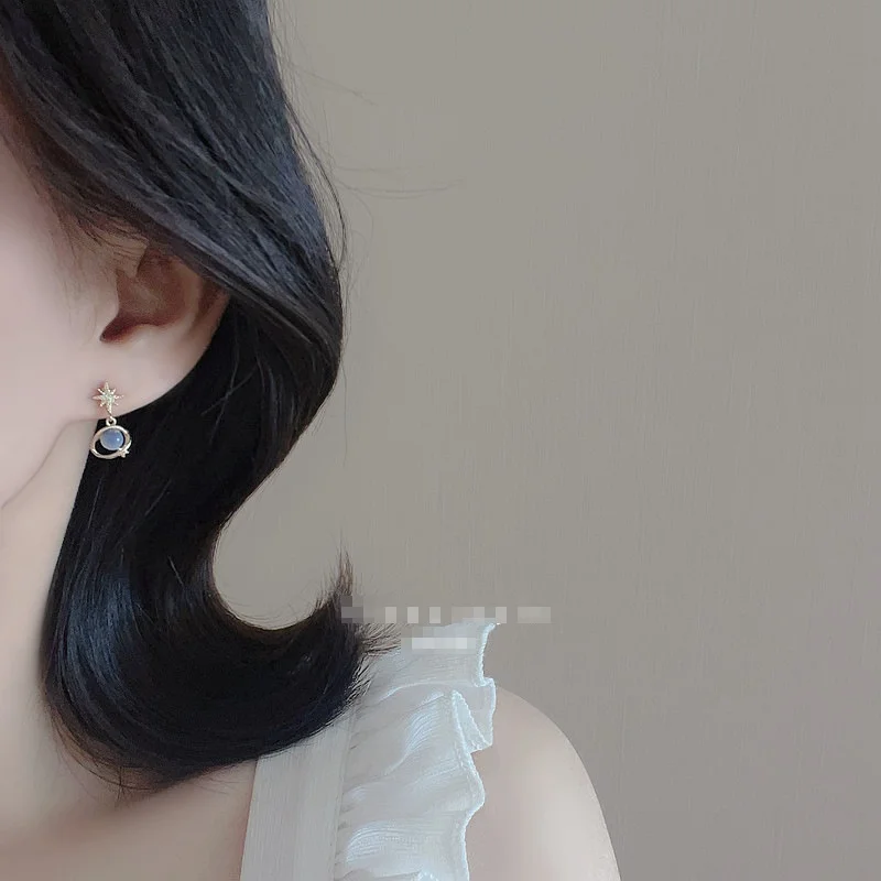 Exquisite Blue Cat's Eye Stone Moon Star Planet Earrings Creative Univers Star River Earrings Sweet Bowknot Stud Earring Gifts - Image 6