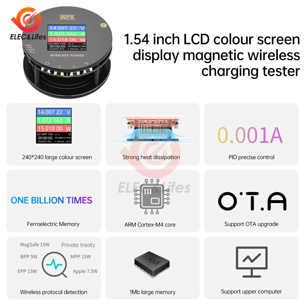 WPX-0001A 무선 충전기 테스터 1.54 LCD 디스플레이 Qi2/MPP25W 고속 충전 자기 다기능 전압 전류 전력 분석