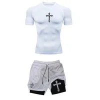 Jogging Breathable Compression Sportswear Summer Men's Training Two-piece Tight T-shirt Fitness Shorts Gym Workout Set RL0008 - Image 5