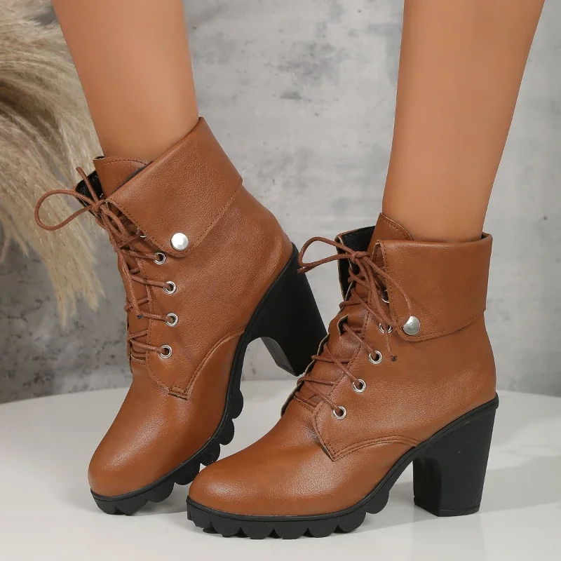 Ladies Shoes on Sale 2023 High Quality Winter Lace Up Modern Boots Solid  Round Head Heeled Boots Large Size  Zapatos Mujer