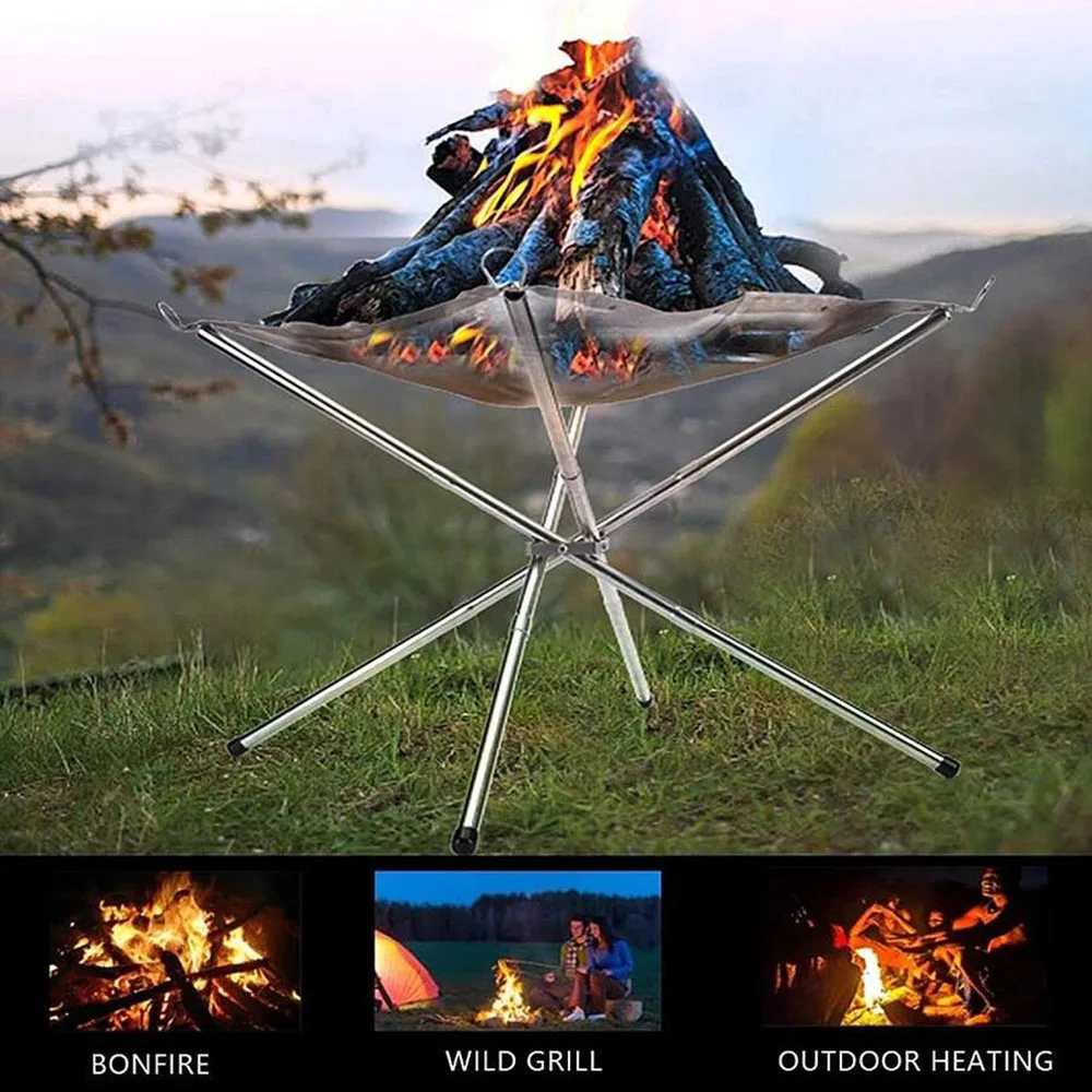 Stainless Steel Outdoor Camping Campfire Fire Rack Foldable Mesh Fire Pit Wood Stove Fire Frame Rack Garden Backyard BBQ Bonfire