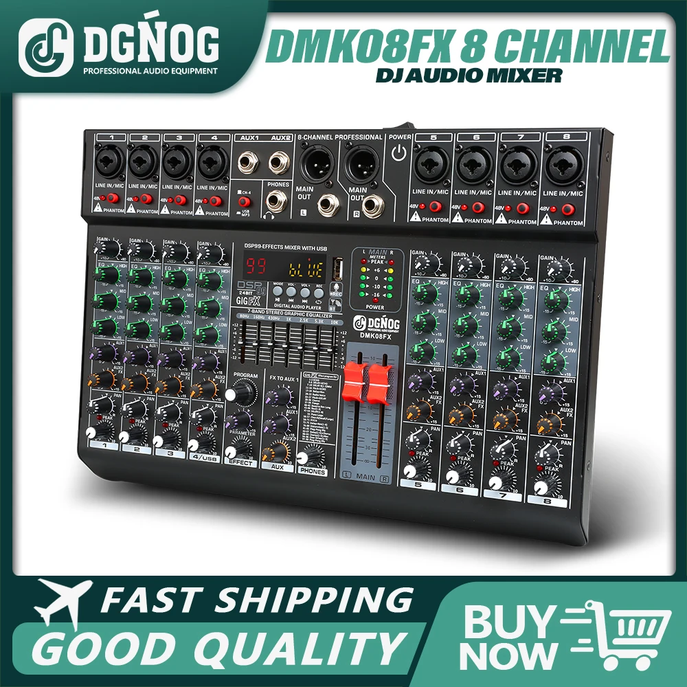 DGNOG Professional 8 Channel Audio Mixer 7 Band EQ 99 DSP Effects 48V Phantom Power USB Bluetooth Console Stage Studio
