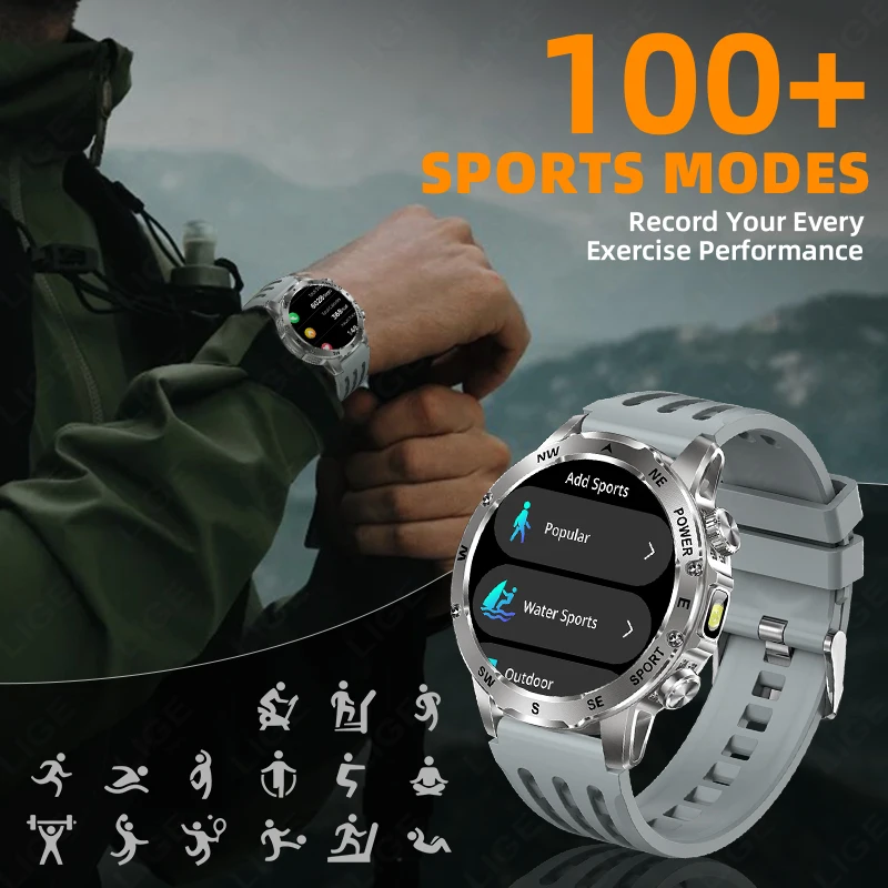 LIGE Military Men's Smart Watch 800mAh Large Battery Compass Flashlight Smartwatch 100+ Sports Bluetooth Call 2025 New Watches