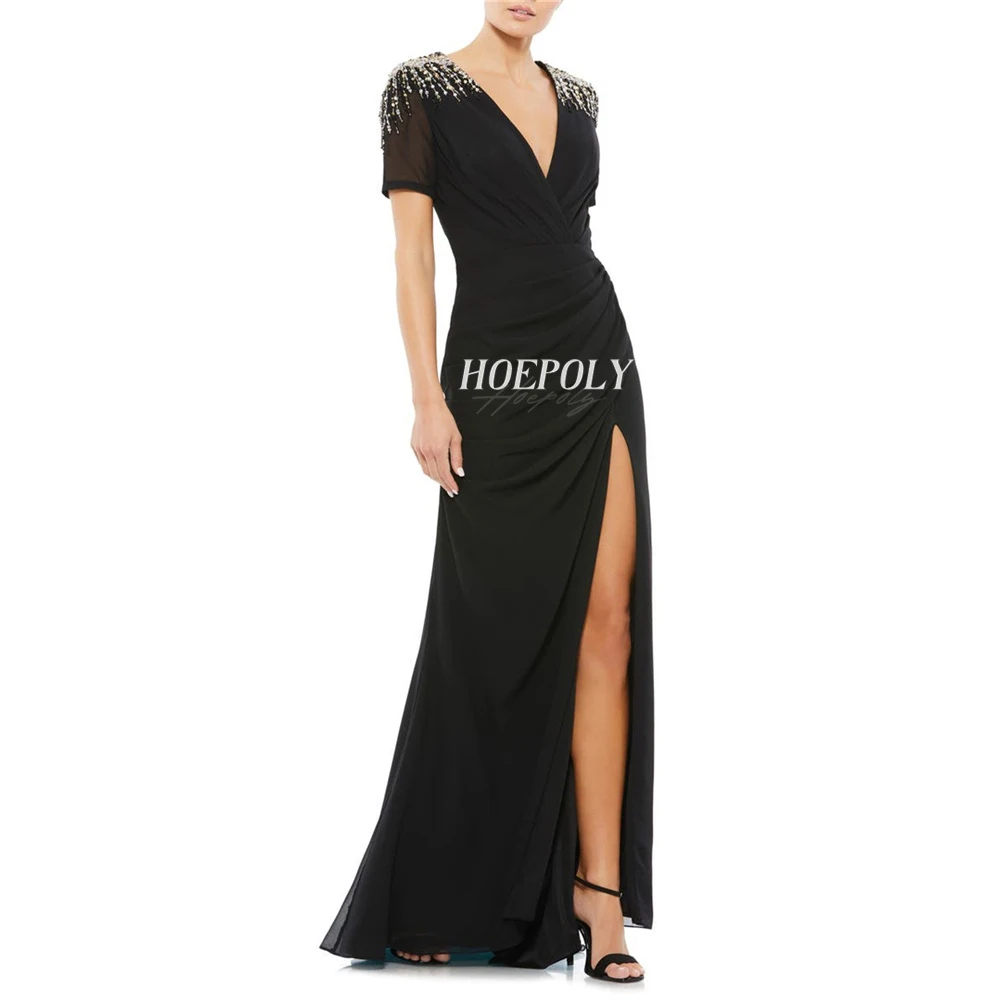 

Hoepoly Luxury Black Deep V Neck Short Sleeve Crystal A Line Long Evening Dress For Woman High Slit Floor Length Prom Gown