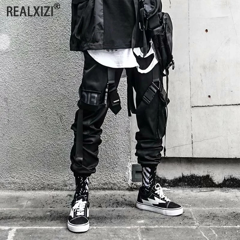 

Men's Cargo Pants Hip Hop Streetwear Joggers Trousers Hit Color Pocket Sweatpants Summer Harajuku Casual Ribbons Techwear Pants