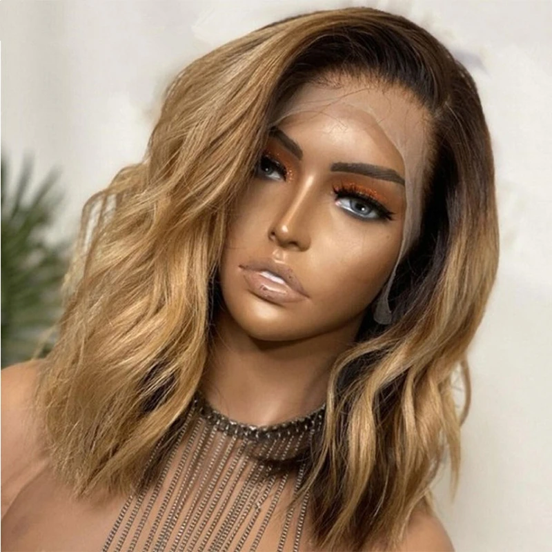 Bob 16inch Middle Part Soft Highlight Blonde 13x4 Lace Front Wig European Jewish Human Hair Wig Glueless Preplucked For Women