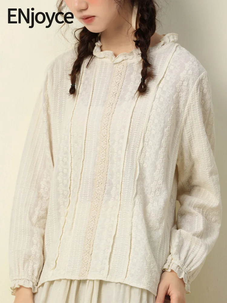 

Женская винтажная рубашка-пуловер ENjoyce, хлопковая блузка с круглым вырезом и длинным рукавом, топ в уличном стиле, Y2K, весна-осень