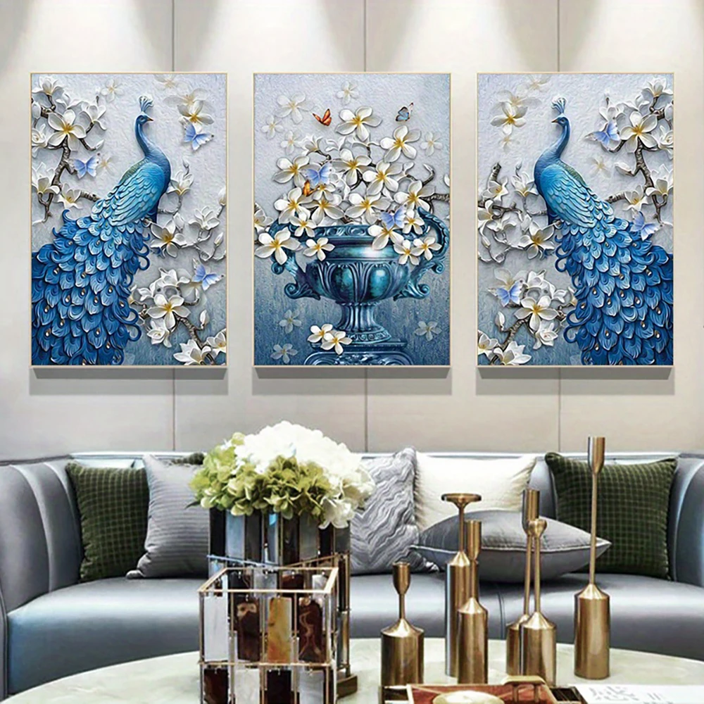 3 pezzi Vintage blu pavone e fiore bianco su tela pittura Wall Art poster e  stampe soggiorno Decor per la decorazione domestica - AliExpress, image size:1000x1000