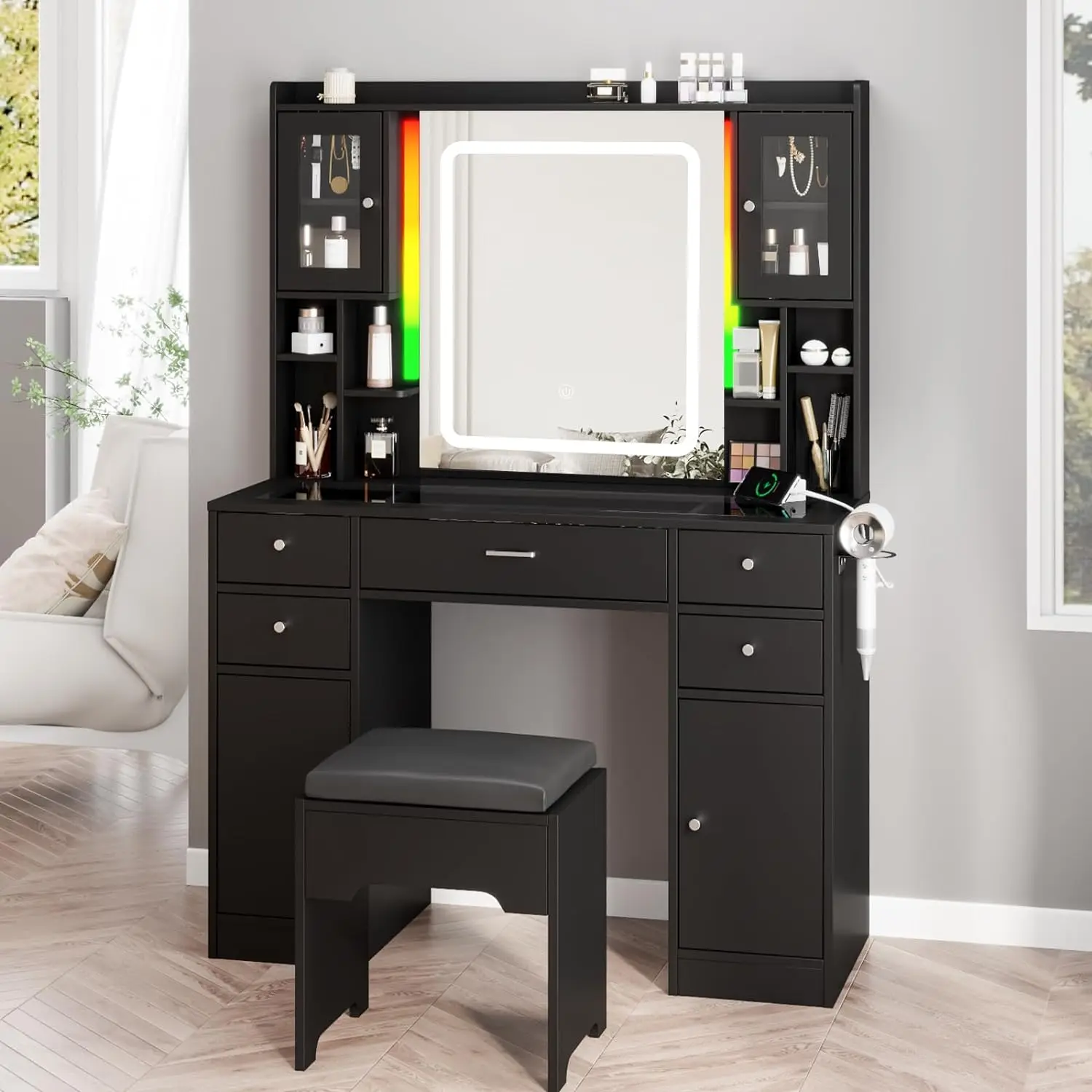 

Black Vanity Desk with LED Mirror,Makeup Vanity with Charging Station & RGB Lights,5 Drawers 4 Shelves Makeup Desk Vanity Table