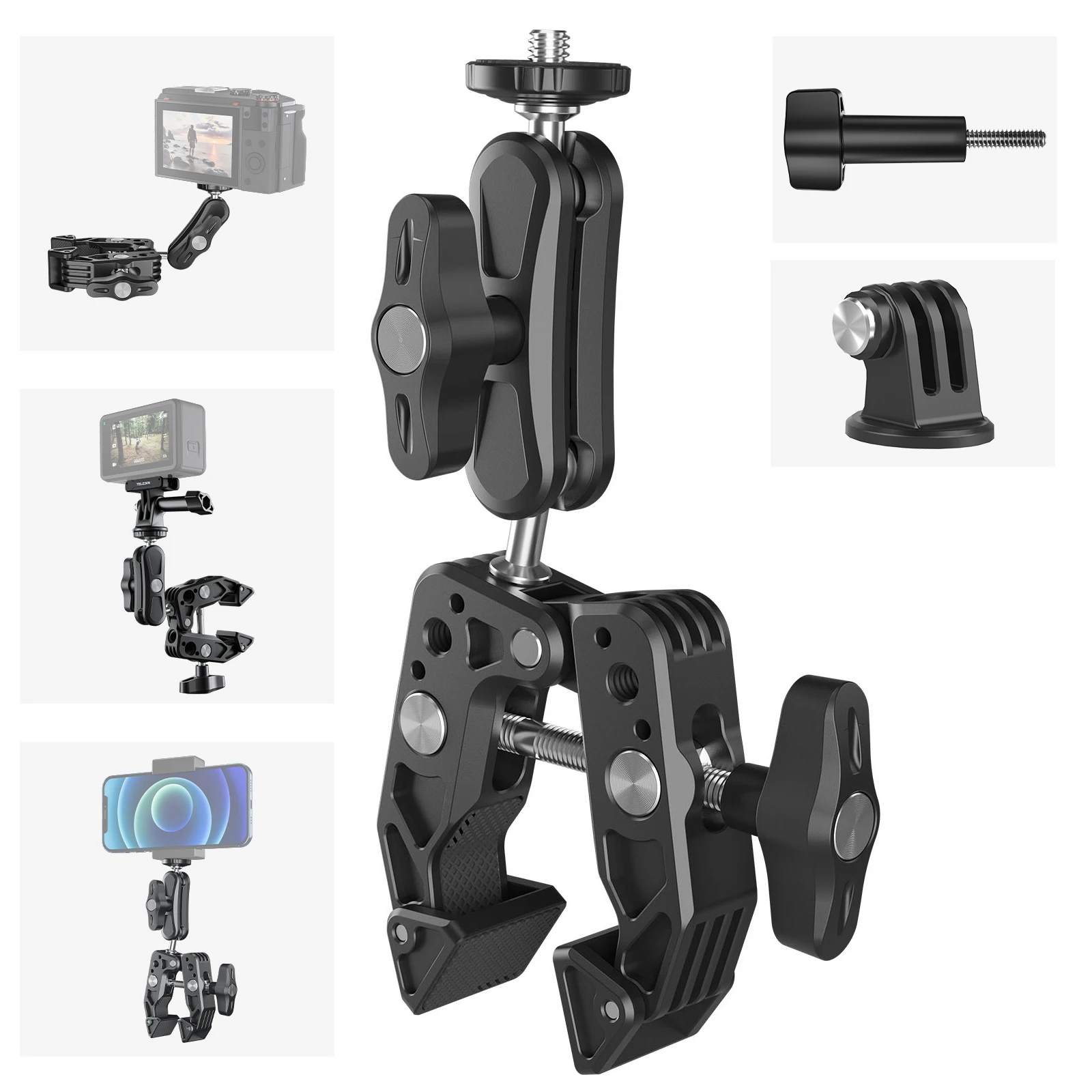 TELESIN-ألومنيوم مشبك فائق مع رأس كروي مزدوج 360 درجة ، ذراع سحري ، GoPro ، Insta360 ، DJI ، oomo ، Aciton ، هاتف محمول ، كاميرا حركة