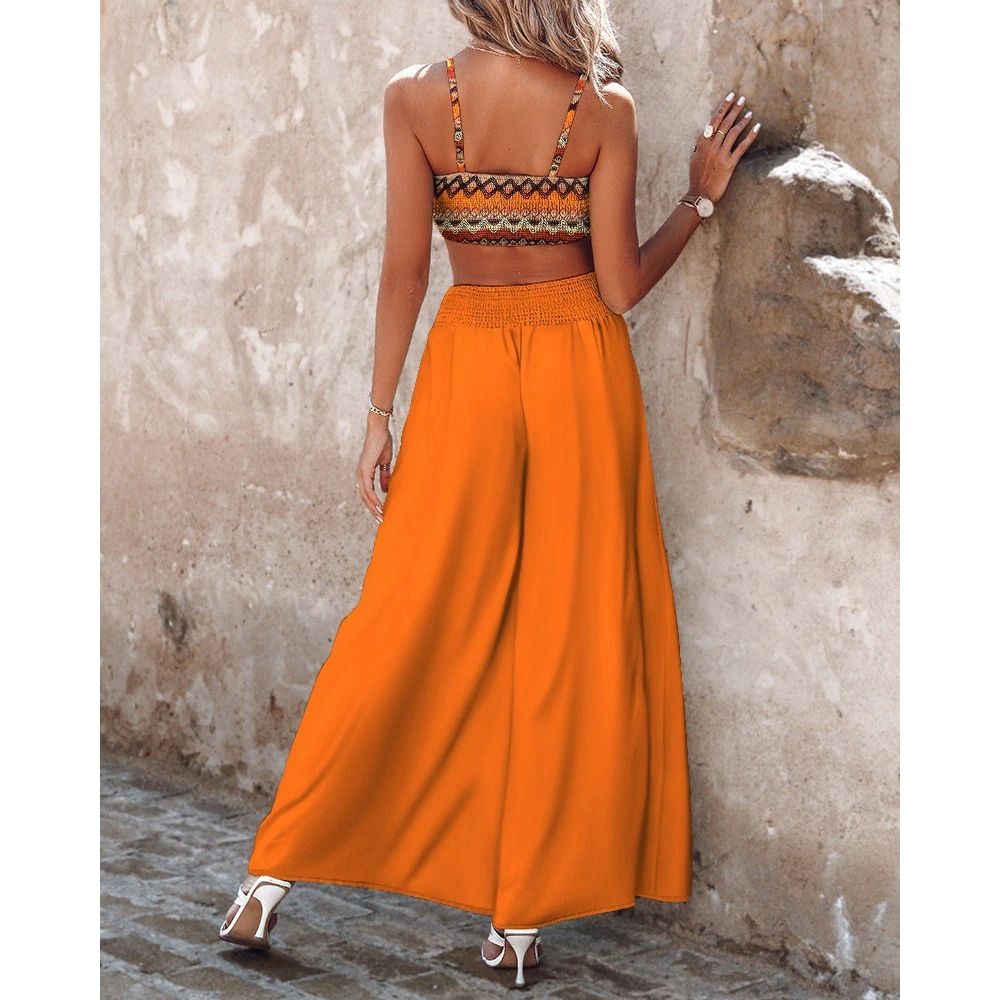 Women Print Spaghetti Strap Crop Top & Drawstring Wide Leg Pants Set Causal New Style Two Pieces Pants Suit Summer Clothing