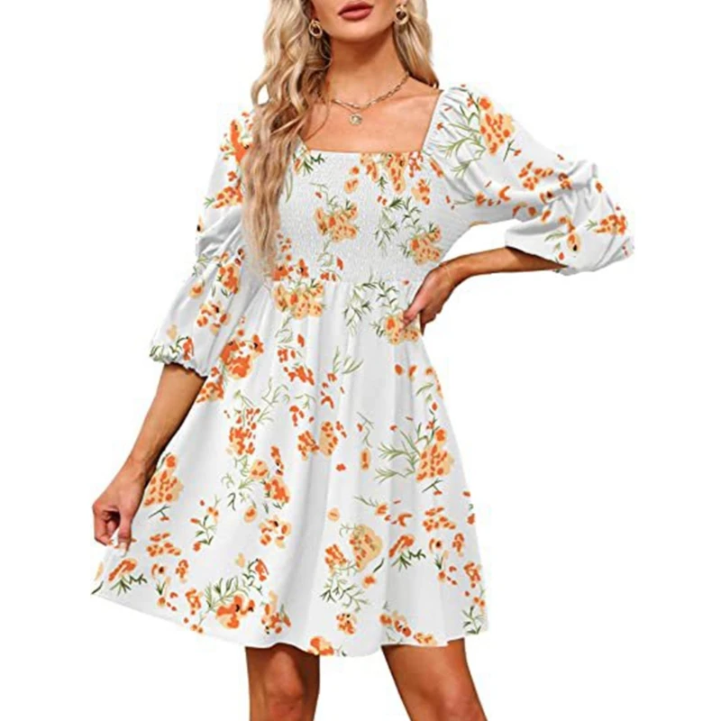 

Womens Puff Half Sleeve Square Neck Floral Shirred Bust Ruffle Swing Short Dress