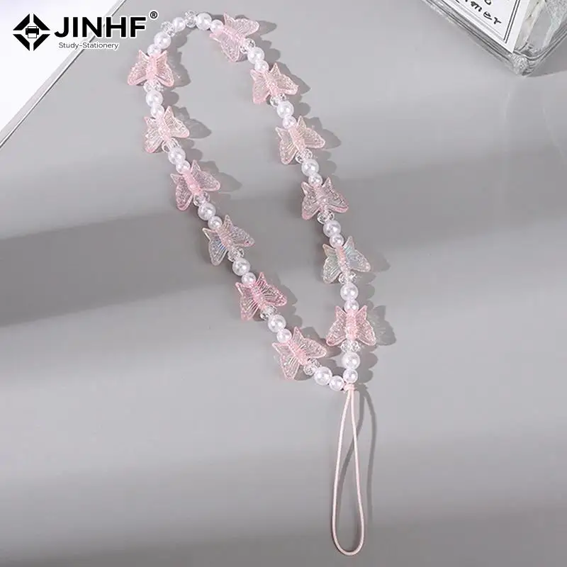 Schattige Snoep Kleuren Kristalheldere Ketting Vlinder Kralen Mobiele Telefoons Riemhouders Lanyard Voor Iphone/Xiaomi/Samsung Accessoires