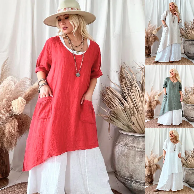 

Women Elegant Patchwork Summer Dress Causal V-neck Pocket Midi Dress 2023 Women Beach Holiday Party Dress
