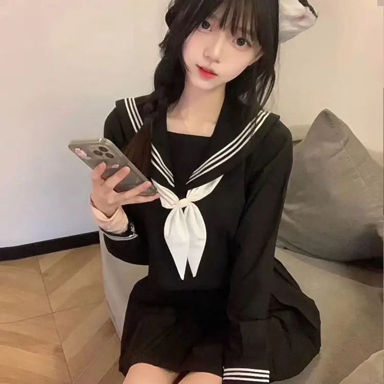 Japan Women Black JK Suit Japanese School Uniforms Style Student Girl Navy Costume Sailor Blouse Pleated Skirt Set