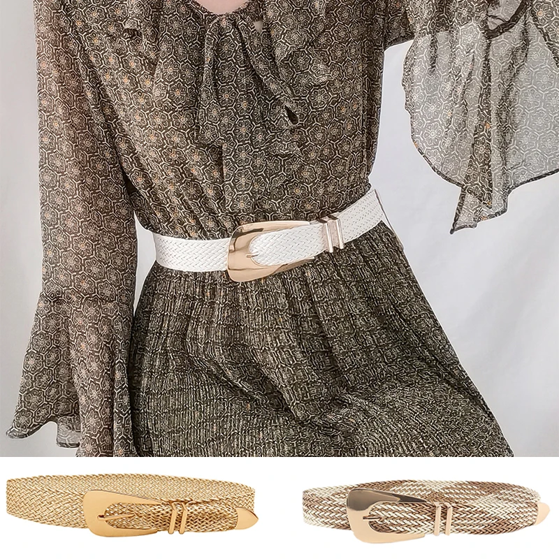2023 Boho Summer Women's Belt PP Grass Hand-Woven Metal Gold Buckle Waist Strap Female Decor Coat Dress Suit Girdle Waistband