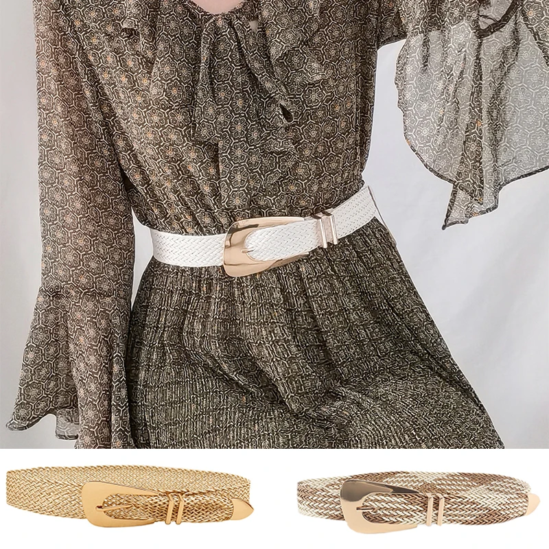 2023 Boho Summer Women's Belt PP Grass Hand-Woven Metal Gold Buckle Waist Strap Female Decor Coat Dress Suit Girdle Waistband fur warm collar leather grass fox fur collar fur collar neckline fur scarf short autumn female fox fine fur collar winter