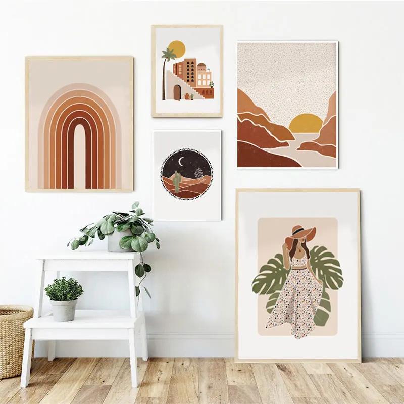 

Abstract Girl Sunrise Geometric Leaf Plant Nordic Posters and Print Wall Art Canvas Painting Wall Pictures for Living Room Decor