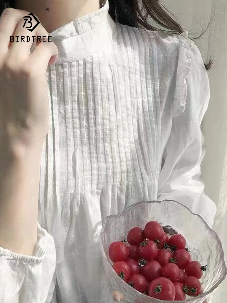 

Новая Осенняя хлопковая рубашка со складками, женские топы с воротником-стойкой, свободные блузки с длинными рукавами для девочек, универсальная Весенняя коллекция 2024 года, T41648QC