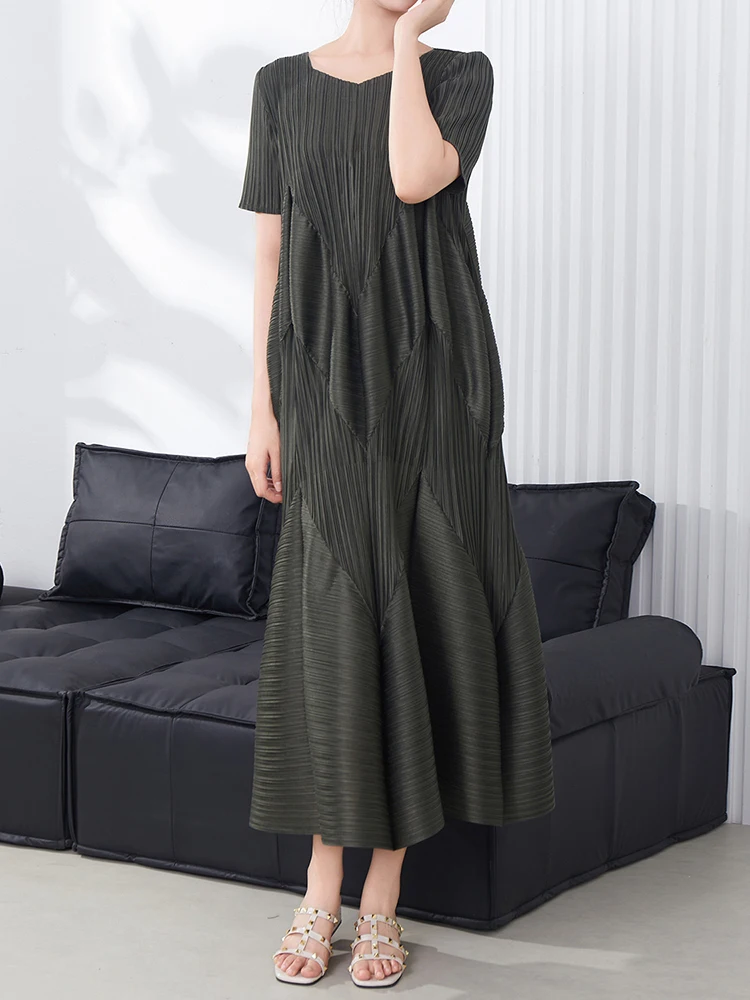 LANMREM Flower Bud Pleated Short Sleeved Dress For Women Summer Cloth 2025 New Loose Fit Round Collar Blue Dresses Chic 2DB3102 - Image 5