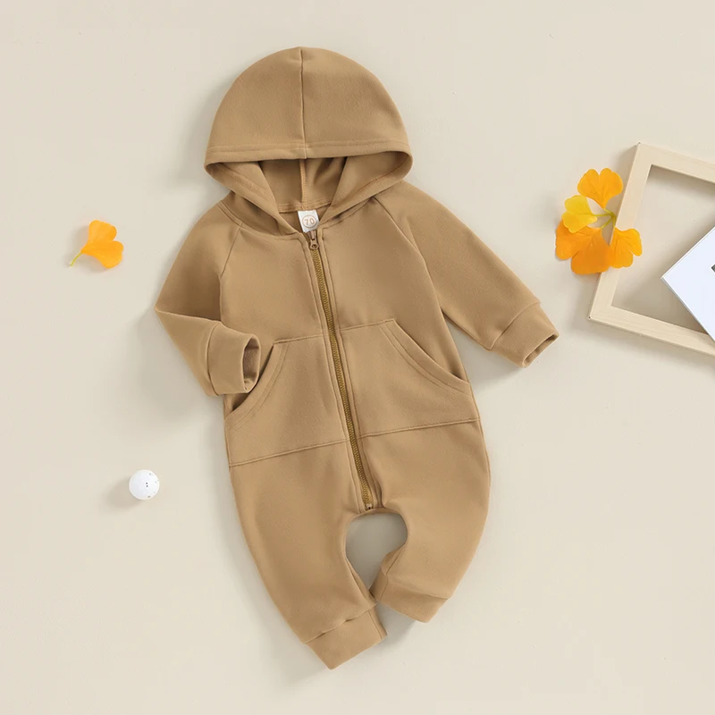 2023-08-15 Lioraitiin 0-24M Baby Girls Boys Autumn Hooded Jumpsuit Solid Color Long Sleeve Zipper Closure Casual Romper 4