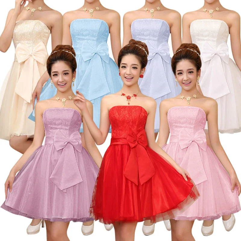 J728 White Grey Red Pink Blue Short Bridesmaid Dress Lace Mesh Net Tulle Prom Gown Graduation Dresses With Bow Elastic Back