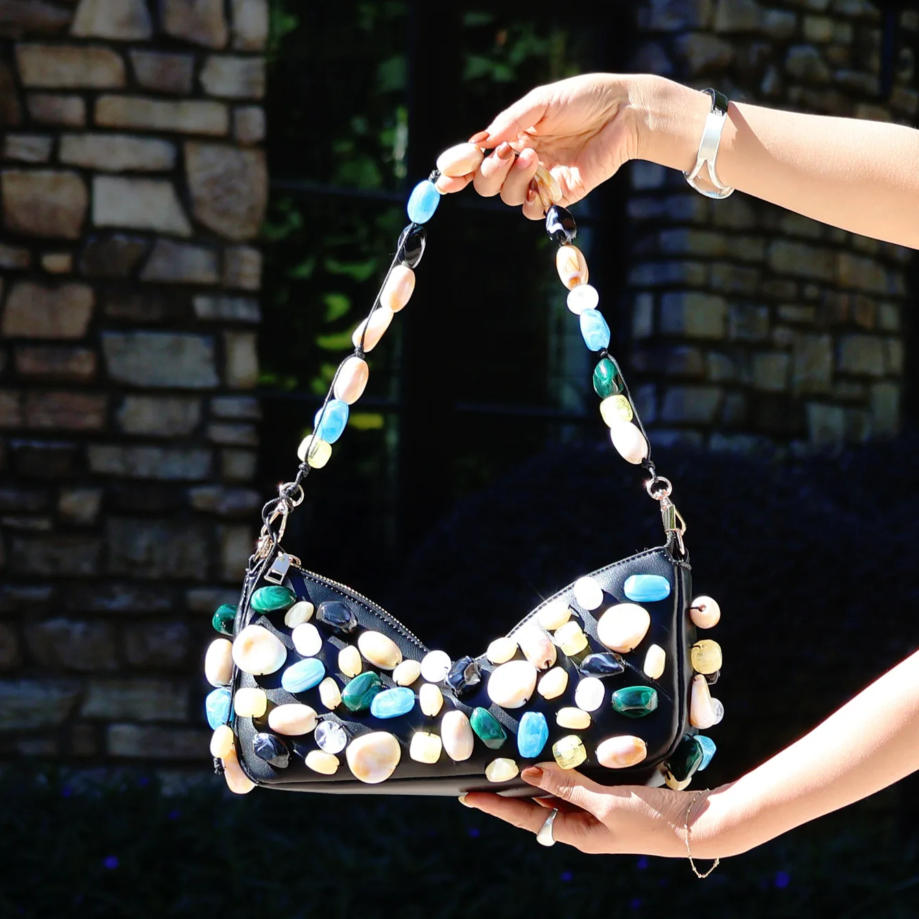 NEW Colored stones Evening Clutch Bag Women Designer Dinner Party Handbag Purse Lady Square Tote Shoulder Bag