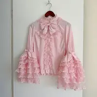 Gothic & Sweet Lolita Shirt - Long Sleeve Ruffled Blouse for JSK Dresses, Kawaii Doll Lace Top with Puff Sleeves in Pink/White - Image 3