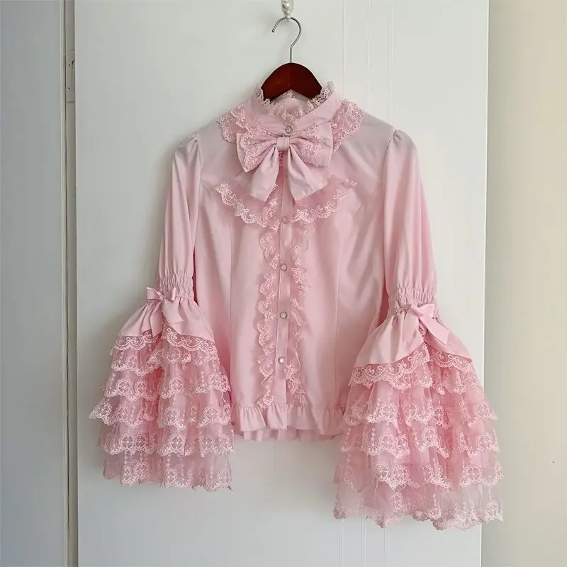 Gothic & Sweet Lolita Shirt - Long Sleeve Ruffled Blouse for JSK Dresses, Kawaii Doll Lace Top with Puff Sleeves in Pink/White