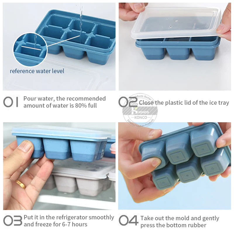 Konco 3 pieces Silicone Ice Cube Mold with Lid Ice Tray 6 grids Ice Maker  Ice Cube Tray Household Refrigerator Ice Box