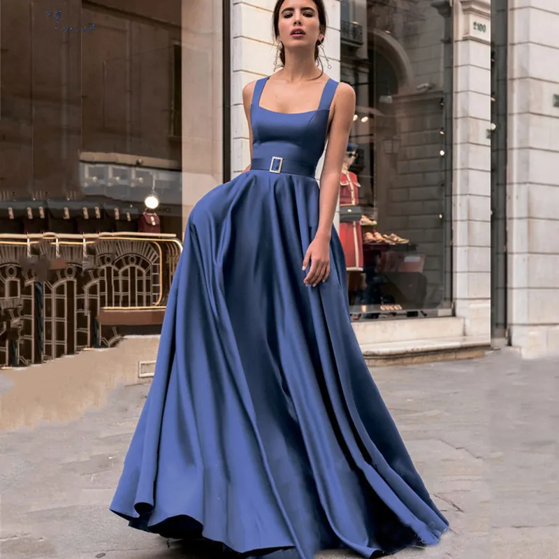 

Ball Gown Long Prom Dresses Off-The-Shoulder Blue Satin Evening Length Criss-Cross Sashes Special Occasion Gowns Robes De Soirée