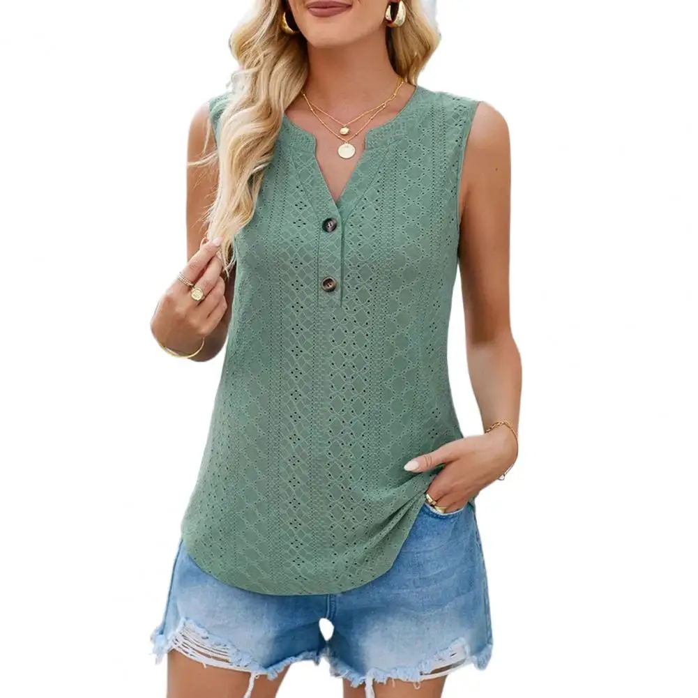 

Summer Women Vest V-Neck Sleeveless Buttons Decor Pullover Tops Hollow Design Tank Tops 여성티셔츠