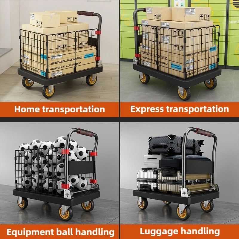 Fence flatbed cart folding silent trolley household pull trolley handling four-wheeled small trailer small pull truck folding shopping cart