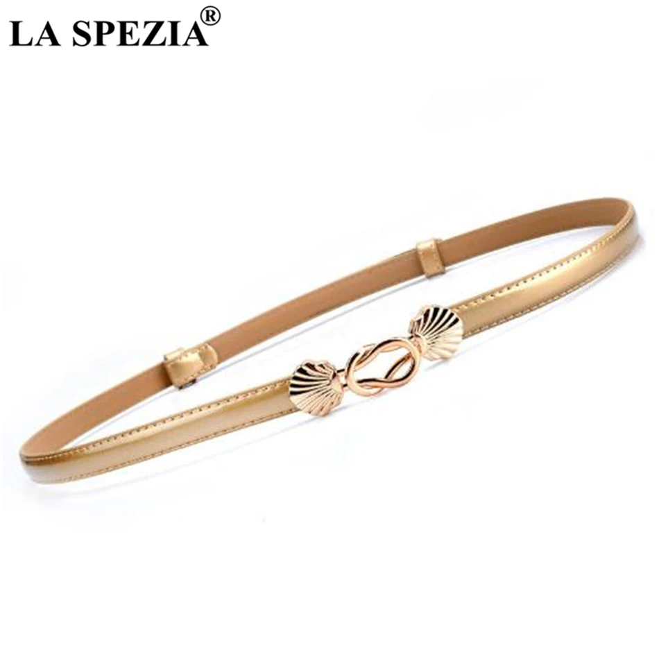 LA SPEZIA Women Belt Double Buckle Thin Gold Belts Fashion Real Leather Cowhide Female Brand Designer Narrow Waist Belts Dress la spezia thin belt women real leather cowhide pin belt ladies camel classic genuine leather brand female narrow jeans belts