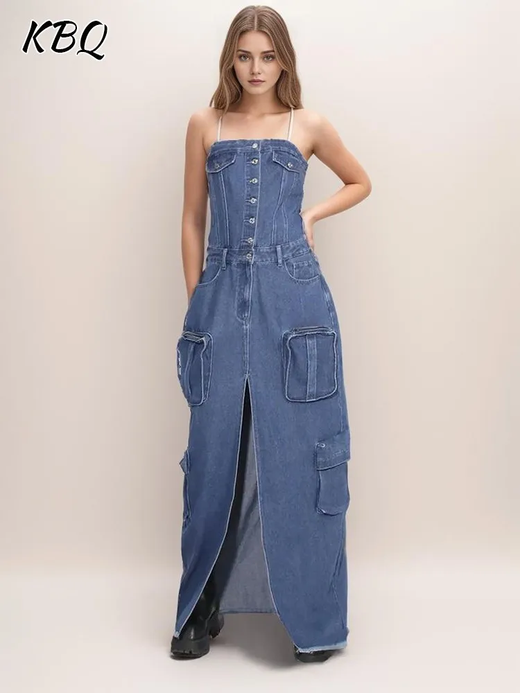 

Женское джинсовое платье KBQ, голубое лоскутное платье с открытой спиной, без бретелек, без рукавов, с высокой талией, однобортное, с разрезом