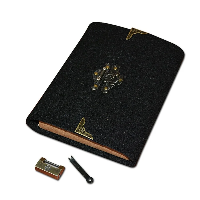 Felt Soft Leather Travel Notebook with Lock Key Diary Notepad Kraft Paper for Business Sketching Writing Creative Gifts